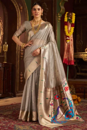 Luxuriant Grey Organza Paithani Silk Saree With Intricate Blouse Piece