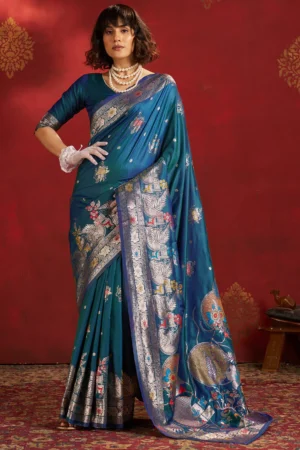 Comely Rama Pure Zari Weaving Banarasi Silk Saree With Nemesis Blouse Piece