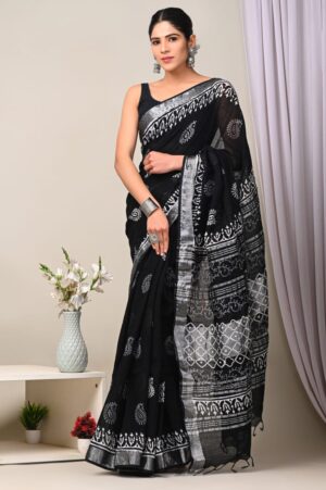 Hand block printed linen saree