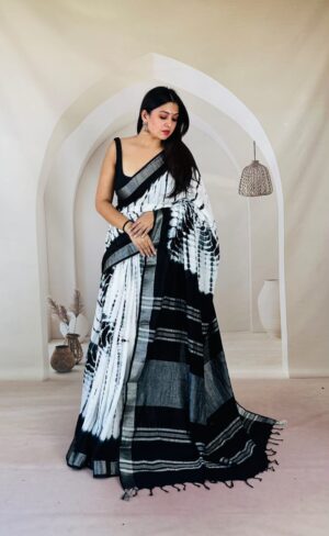 Hand block printed linen saree