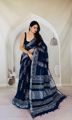 Hand block printed linen saree