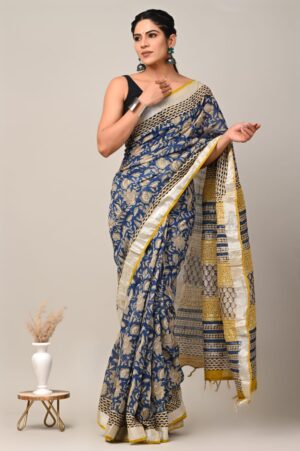 Hand block printed linen saree