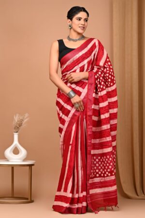 Hand block printed linen saree