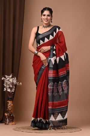 Hand block printed linen saree