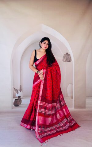 Hand block printed linen saree