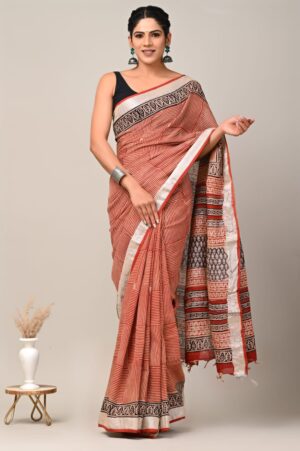 Hand block printed linen saree