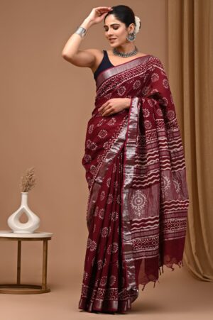 Hand block printed linen saree